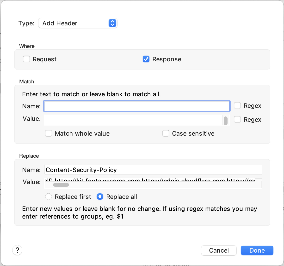Adding CSP header to a different site